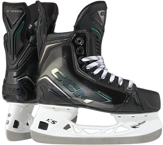 CCM Jetspeed FTW pair — front and rear view showing the women's-specific boot shape and Jetspeed FTW branding
