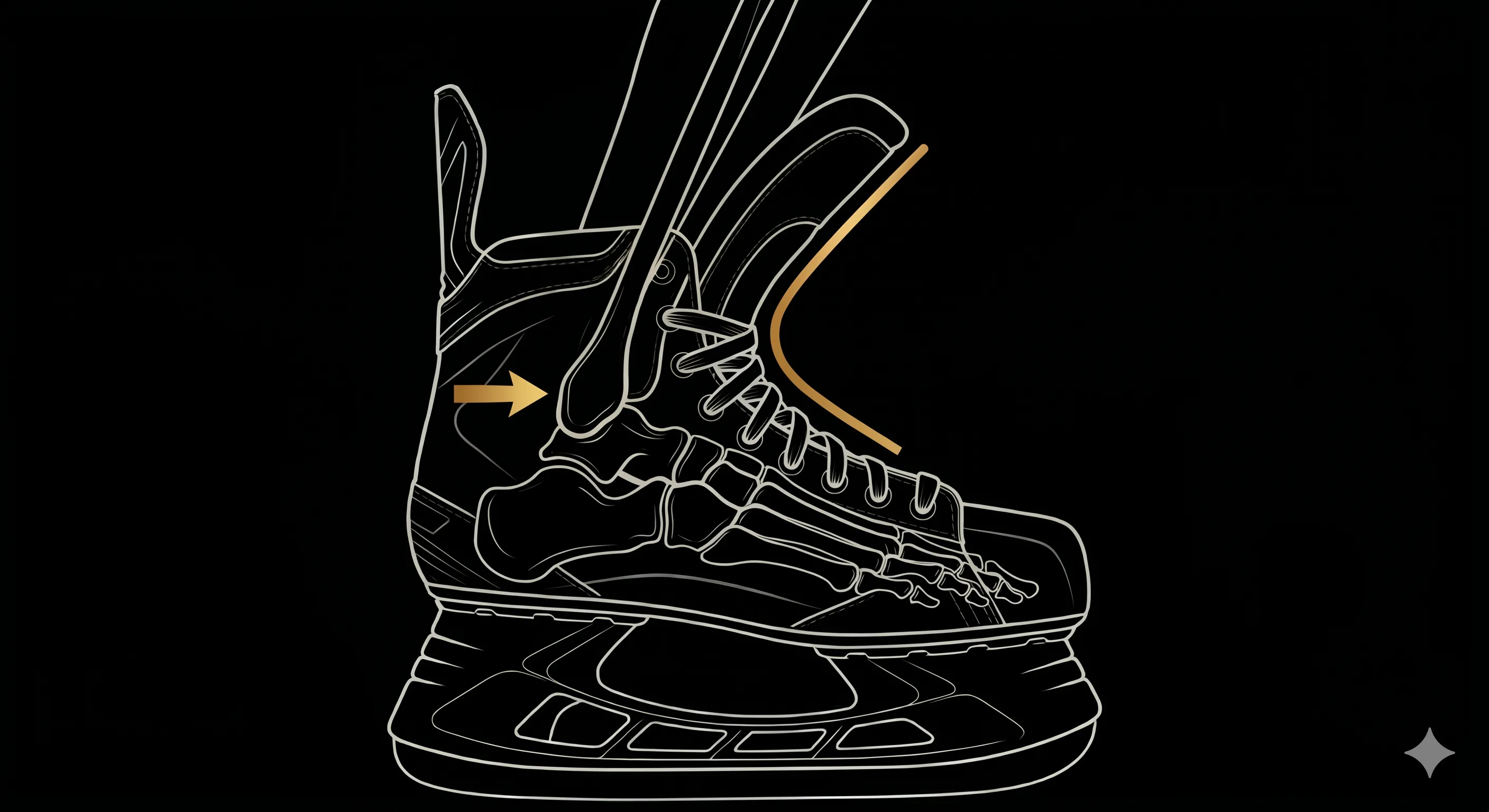 X-ray style illustration of foot bones inside a hockey skate boot, showing ankle lock from excessive stiffness — the boot prevents natural flex