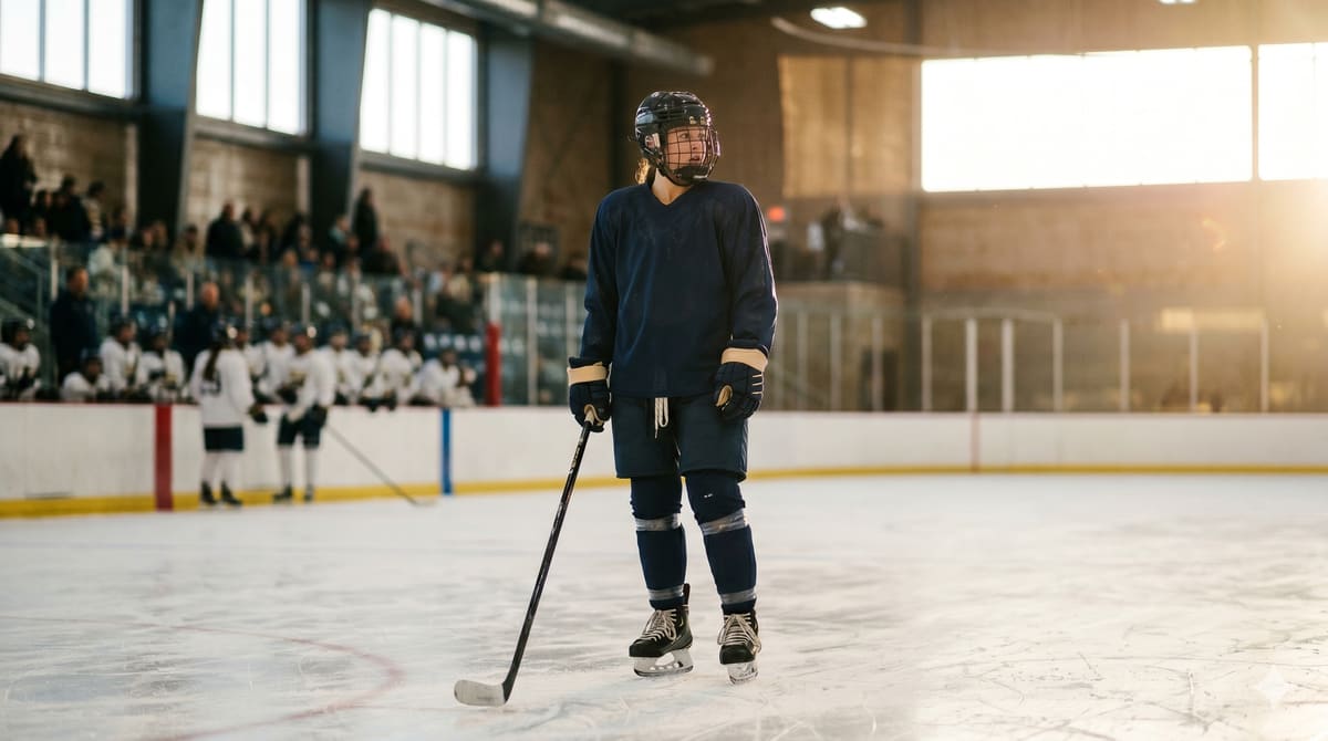 Women's hockey player skating with stick extended during game play
